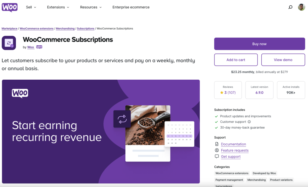 WooCommerce subscriptions plugin landing page preview