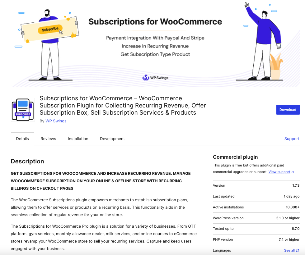 Subscriptions for WooCommerce plugin landing page preview