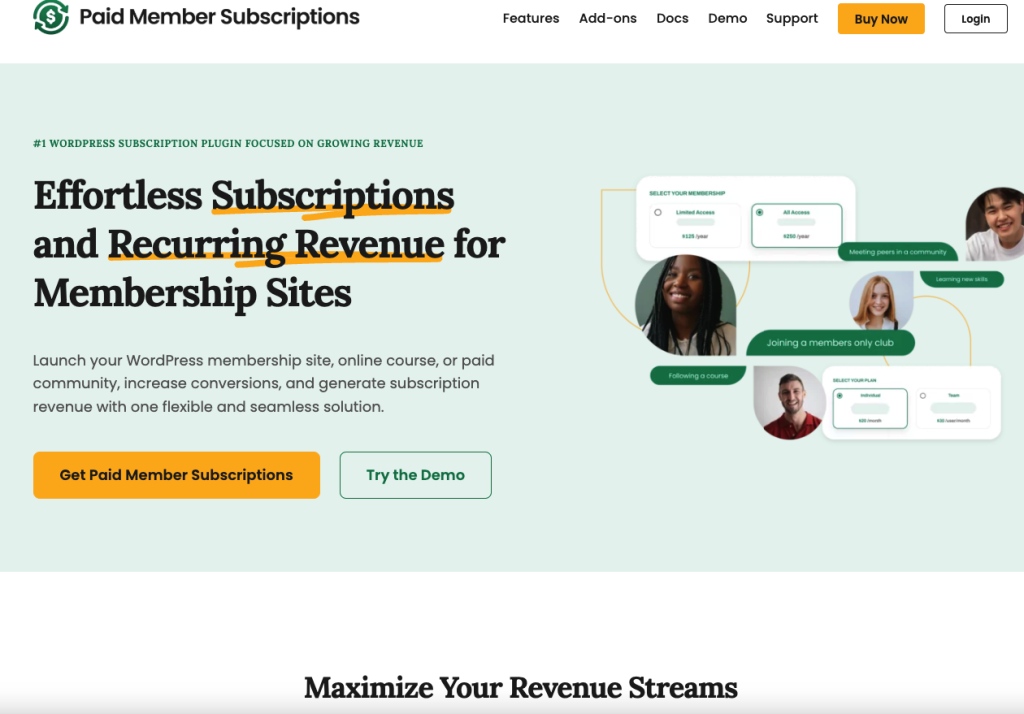 Paid Member Subscriptions plugin landing page preview