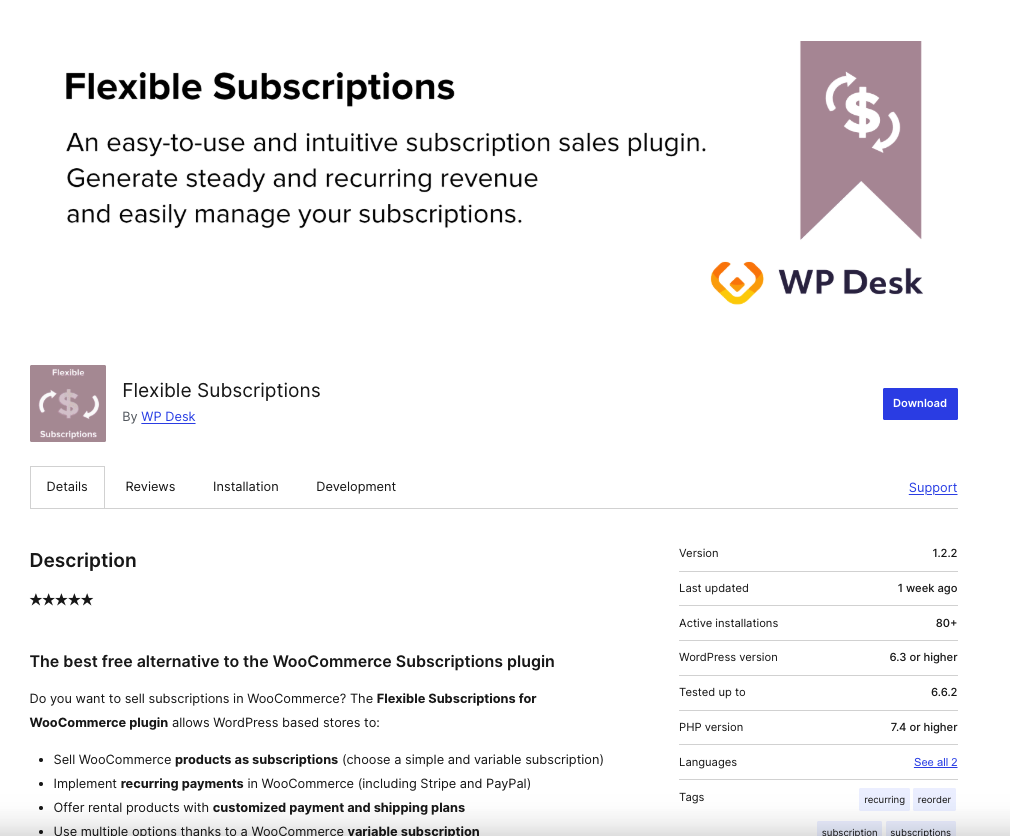 Flexible Subscriptions plugin landing page preview