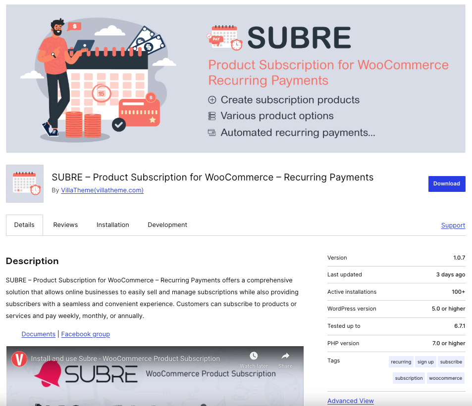 Subre - Product Subscriptions for WooCommerce plugin landing page preview